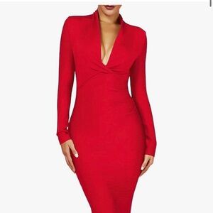 Red long sleeve midi v neck dress